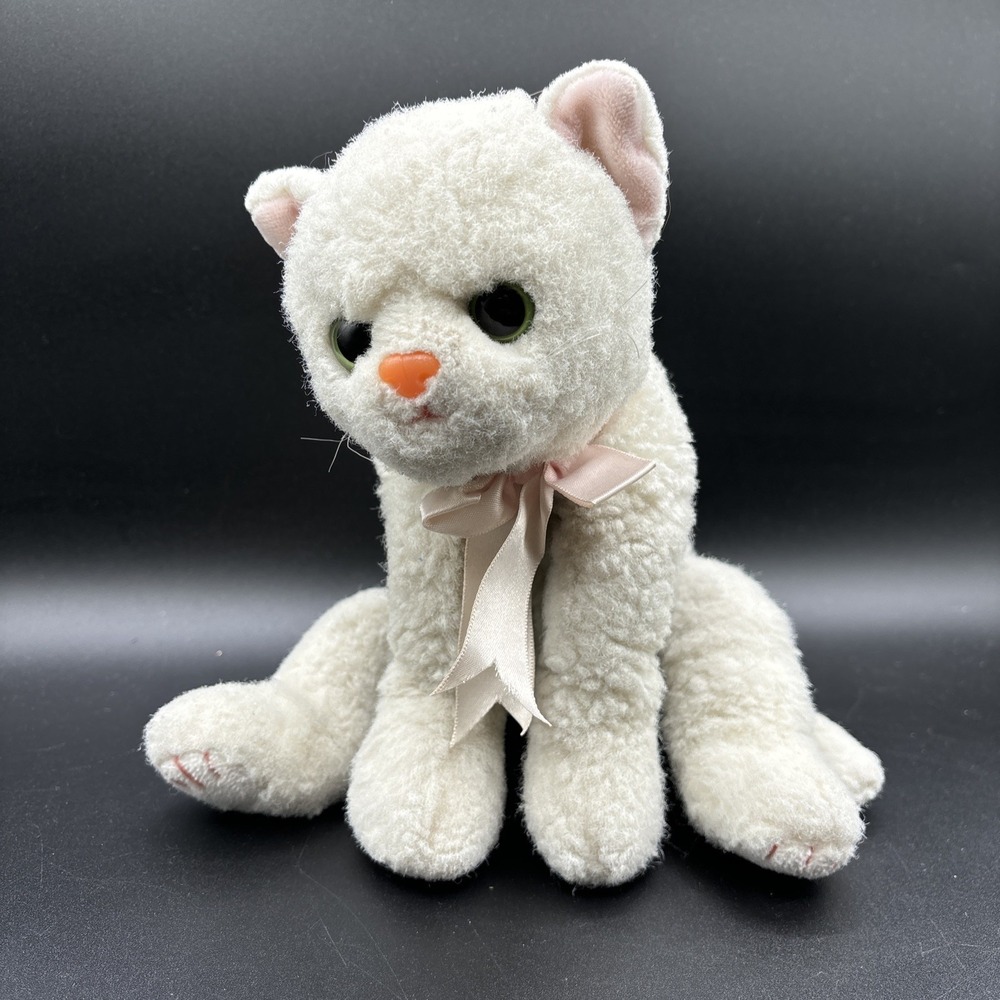 Vintage 1996 Ty Classic Crystal White Cat Plush Green Eyes Pink Bow Large 12"